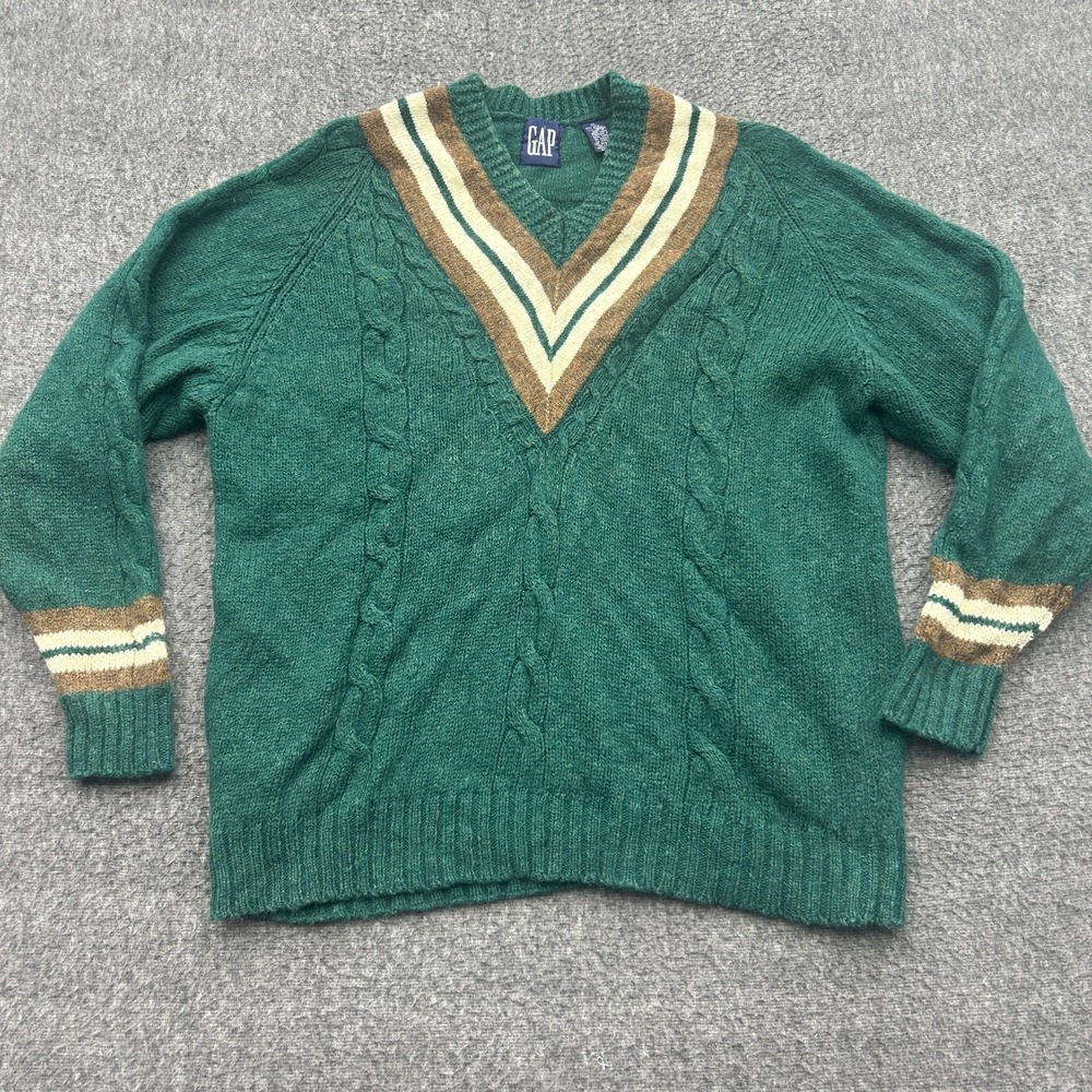 Vintage GAP Men Cable Knit V Neck Sweater XL Green Wool Blend Cricket Tilden